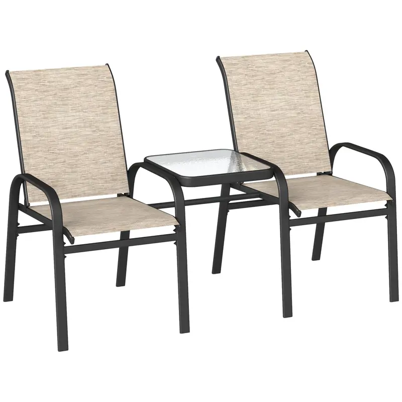 High Back Loveseat With Glass Table, Garden Patio Bench With Breathable Seat, Brown 1
