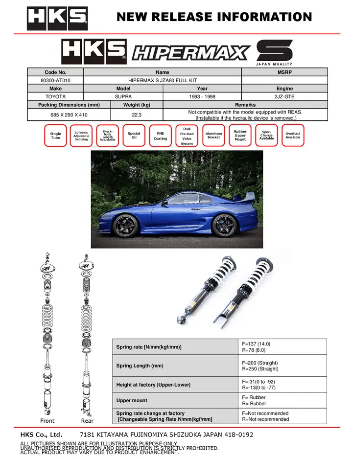 Hks Hipermax S Coilover Kit 1993-1998 Toyota Supra 2