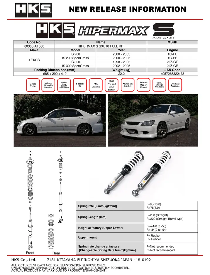 Hks Hipermax S Coilover Kit 1998-2005 Lexus Is 300 / 2002-2005 Is 300 Sportcross 2