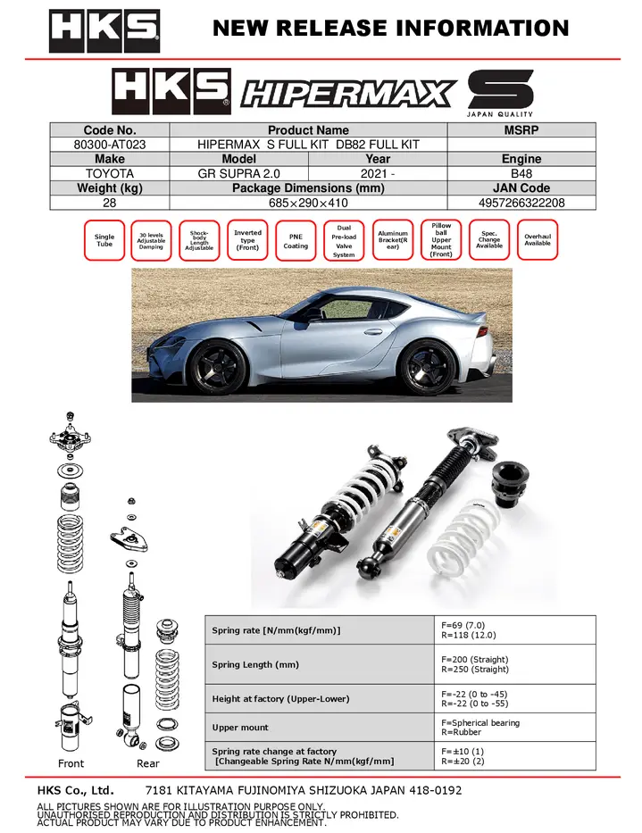 Hks Hipermax S Coilover Kit 2020-2025 Toyota Gr Supra 2021-2024 Gr Supra 2.0 (Without Canceller Kit) 2