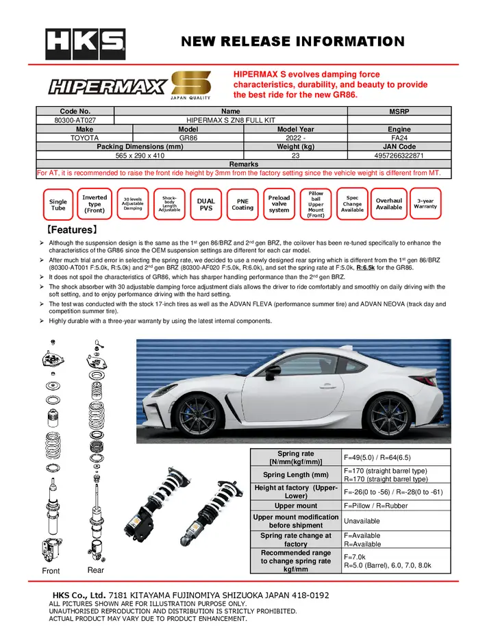 Hks Hipermax S Coilover Kit 2022-2025 Toyota Gr86 2