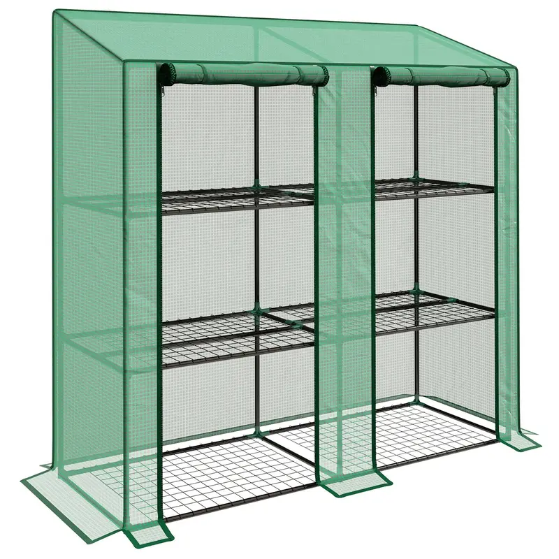Lean-To Greenhouse With 3 Shelves & 2 Roll-Up Doors, 56.3" X 18.1" X 59.4", Green 1