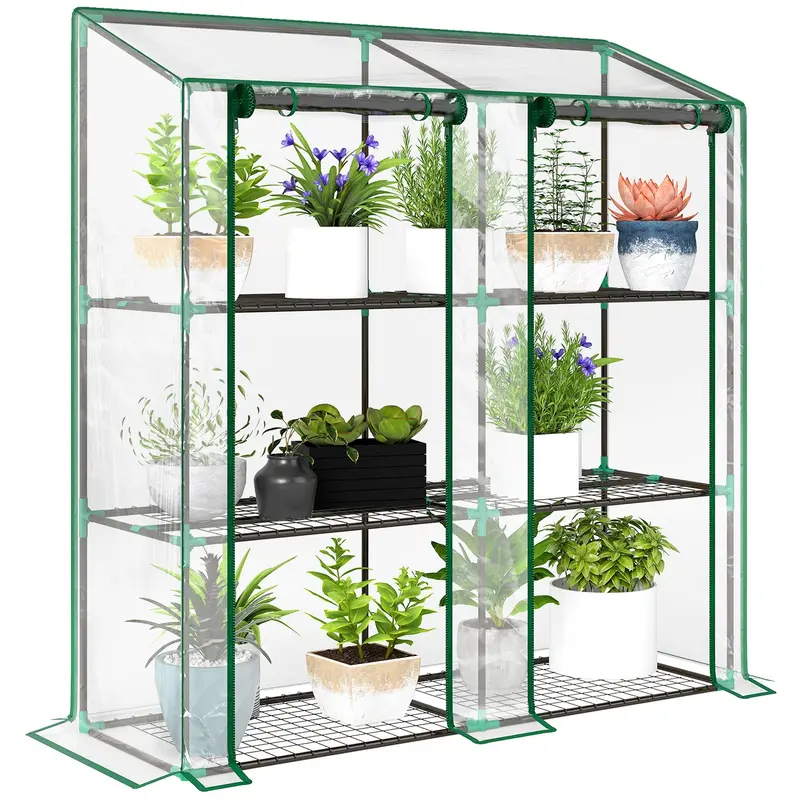 Lean-To Greenhouse With 3 Shelves & 2 Roll-Up Doors,56.3" X 18.1" X 59.4", Clear 1