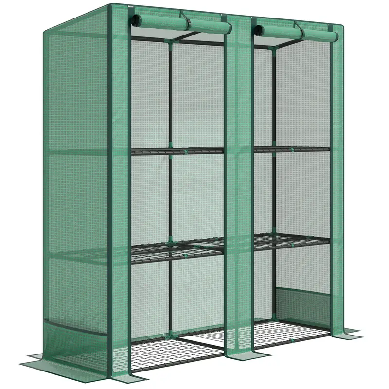 Lean-To Mini Greenhouse With 3 Tier Shelves & 2 Roll-Up Doors, 56.7" X 18.9" X 59.8", Green 1