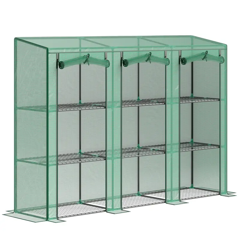 Lean-To Mini Greenhouse With 3 Tier Shelves & 3 Roll-Up Doors, 84.6" X 18.1" X 56.7", Green 1