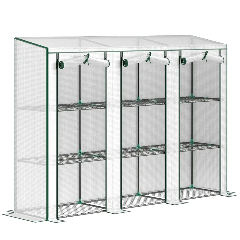 Lean-To Mini Greenhouse With 3 Tier Shelves & 3 Roll-Up Doors, 84.6" X 18.1" X 56.7", White 1