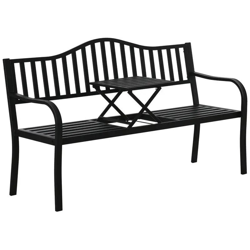 Metal Outdoor Bench With Liftable Middle Table, Patio Loveseat For 2¨C3 People, Black 1