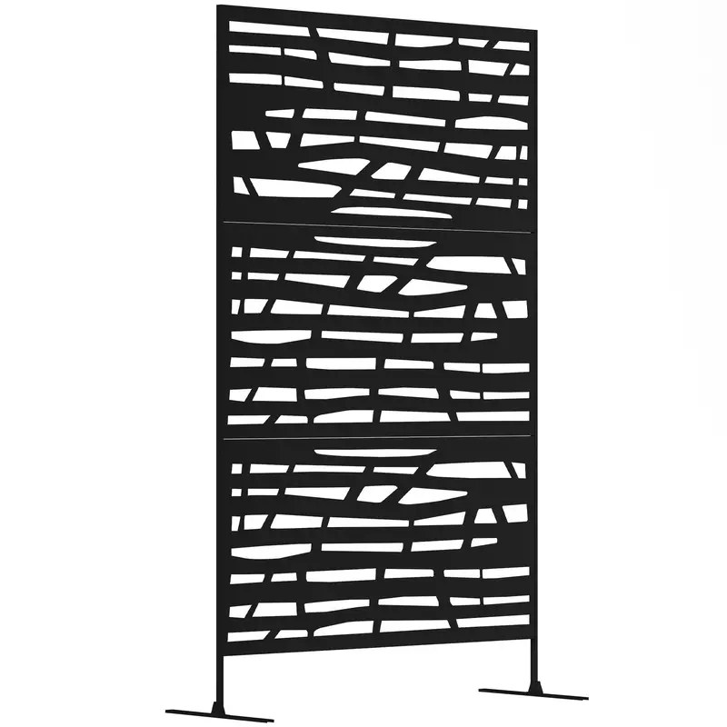 Metal Outdoor Privacy Screen, 78"H X 48"W Decorative Outdoor Divider With Stand, Freestanding Privacy Panel With Striped Hollow Design For Garden, Patio, Backyard, Black 1