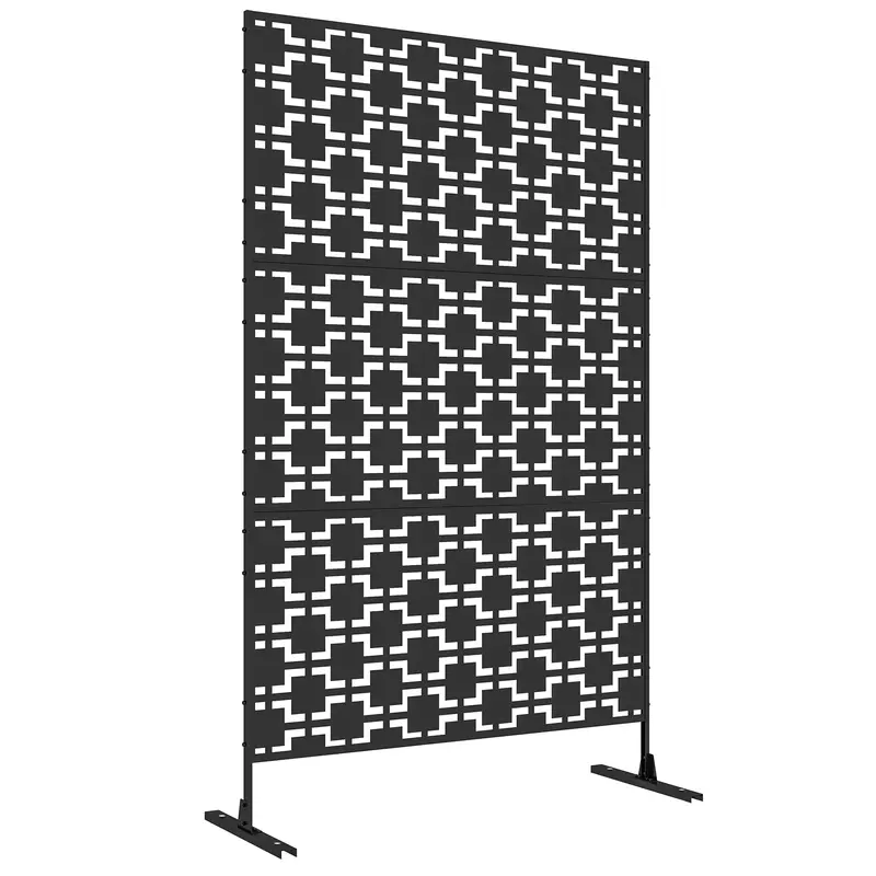Metal Outdoor Privacy Screen, Decorative Outdoor Divider With Stand And Expansion Screws, Freestanding Privacy Panel For Garden, Backyard, Deck, Grid Style, Black 1