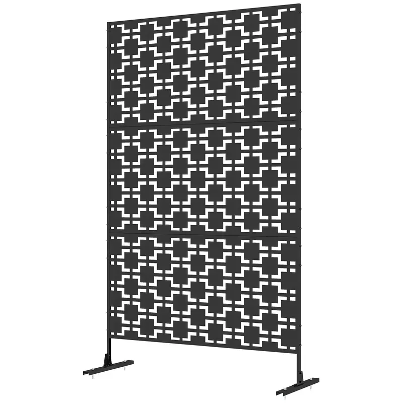 Metal Outdoor Privacy Screen, Decorative Outdoor Divider With Stand And Expansion Screws, Freestanding Privacy Panel For Garden, Backyard, Deck, Grid Style, Black 2