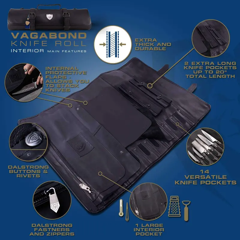 Midnight Black | Full Grain Leather | Vagabond Knife Roll | Dalstrong © 2