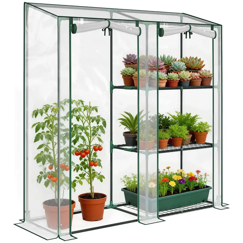 Mini Greenhouse With 3 Shelves And 2 Roll-Up Doors, 56.3" X 17.7" X 59.4" 1