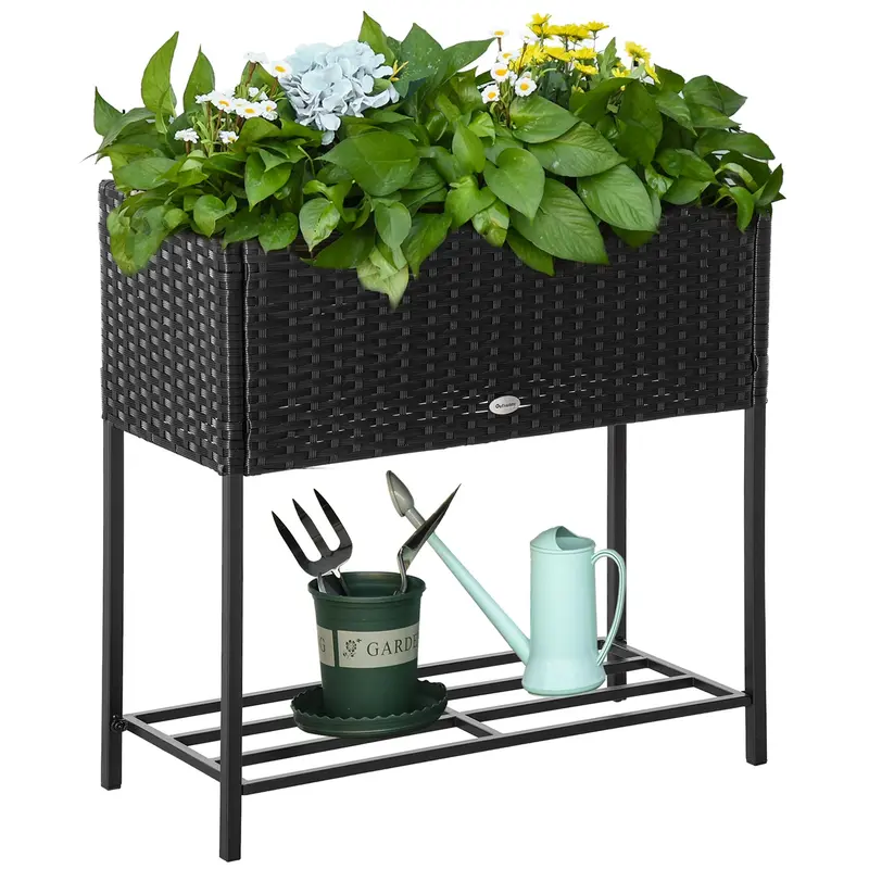 Modern Elevated Metal Garden Bed With Rattan Look & Storage, Black 1