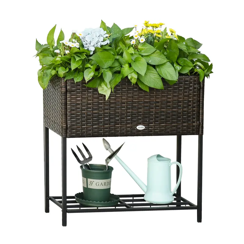 Modern Elevated Metal Garden Bed With Rattan Look & Storage, Brown 1