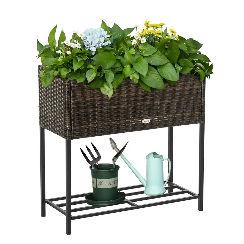 Modern Elevated Metal Garden Bed With Rattan Look & Storage, Brown 2