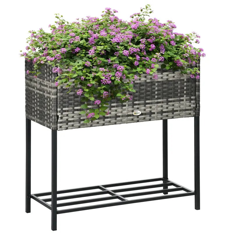 Modern Elevated Metal Garden Bed With Rattan Look & Storage, Mixed Grey 1