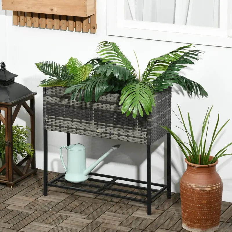 Modern Elevated Metal Garden Bed With Rattan Look & Storage, Mixed Grey 2