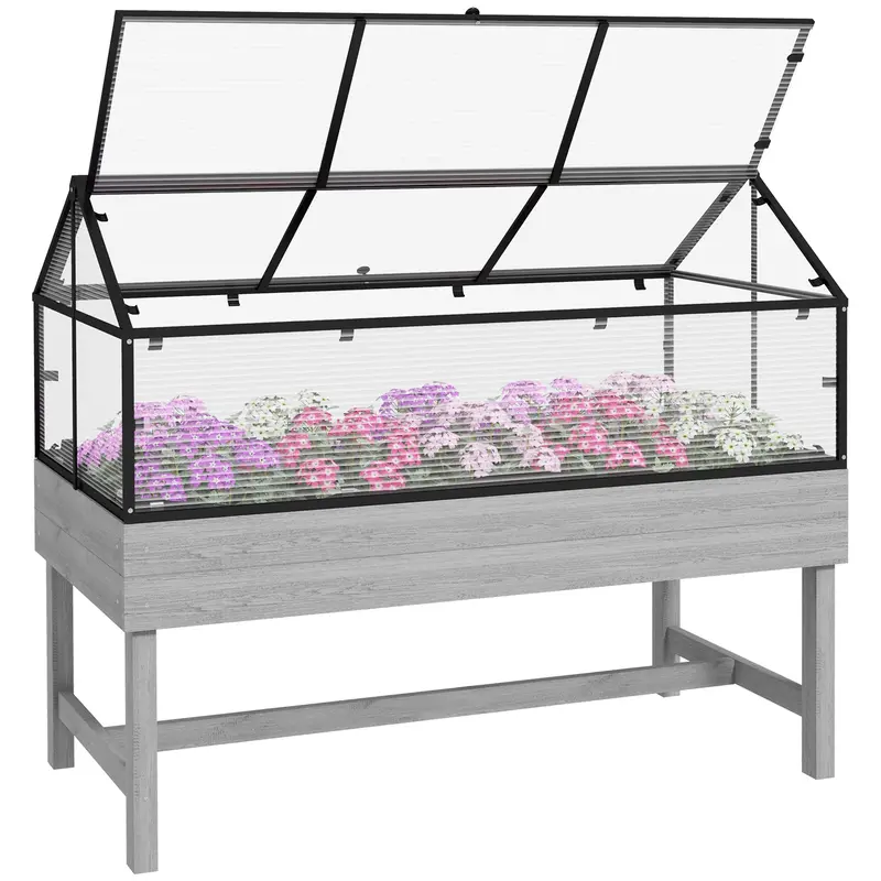 Nookgrow Wood Raised Garden Bed With Cold Frame Greenhouse, Distressed Grey 1