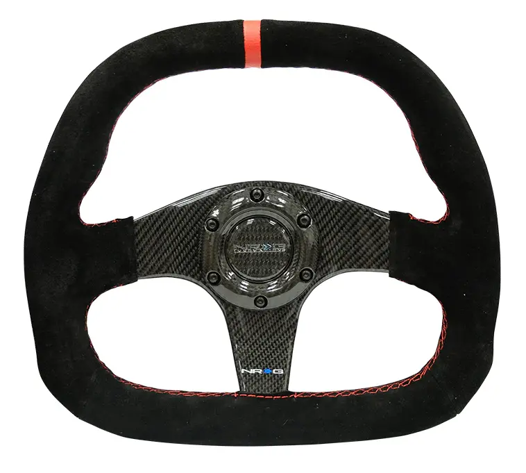 Nrg Carbon Fiber Steering Wheel (320Mm) Flat Btm. Blk Suede/Red Stitch W/Cf Spokes & Red Center Mark 1
