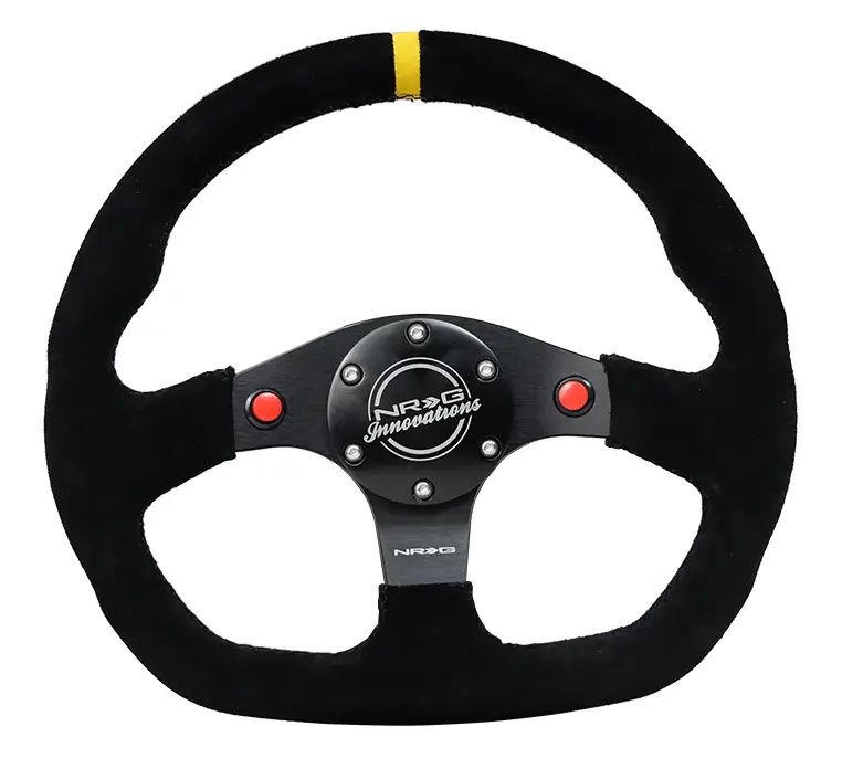 Nrg Reinforced Steering Wheel (320Mm) Sport Suede Dual Push Buttons Flat Bottom W/ Yellow Center 1