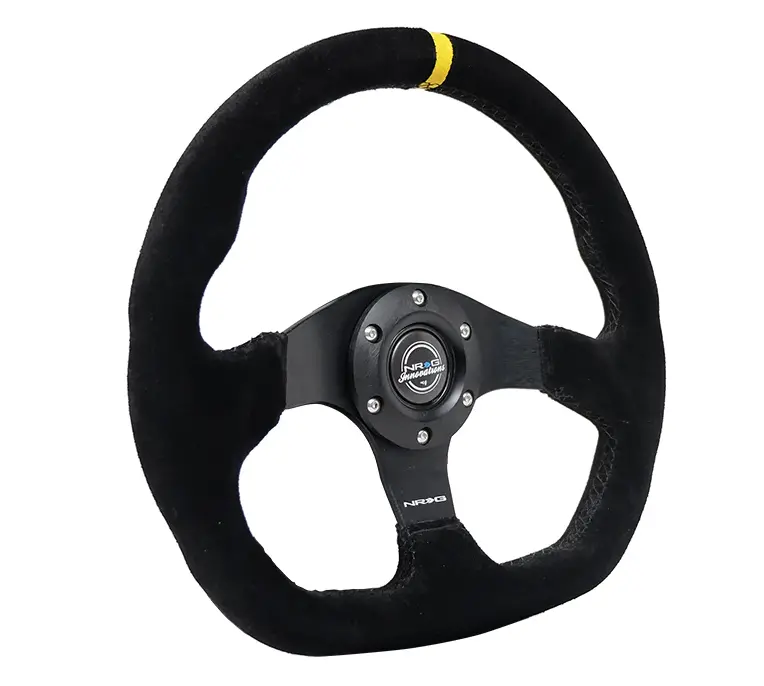 Nrg Reinforced Steering Wheel (320Mm) Sport Suede Flat Bottom W/ Yellow Center Mark 2