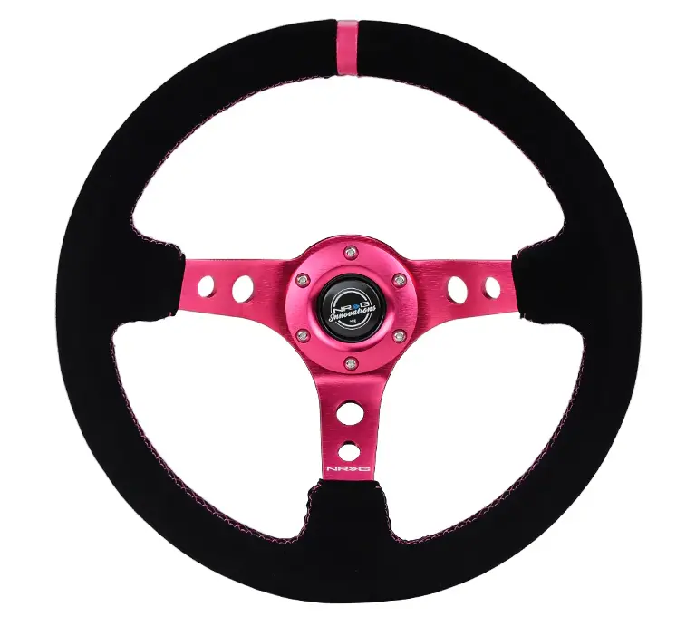 Nrg Reinforced Steering Wheel (350Mm/ 3In. Deep) Black Suede/ Fushia Center Mark/ Fushia Stitching 1