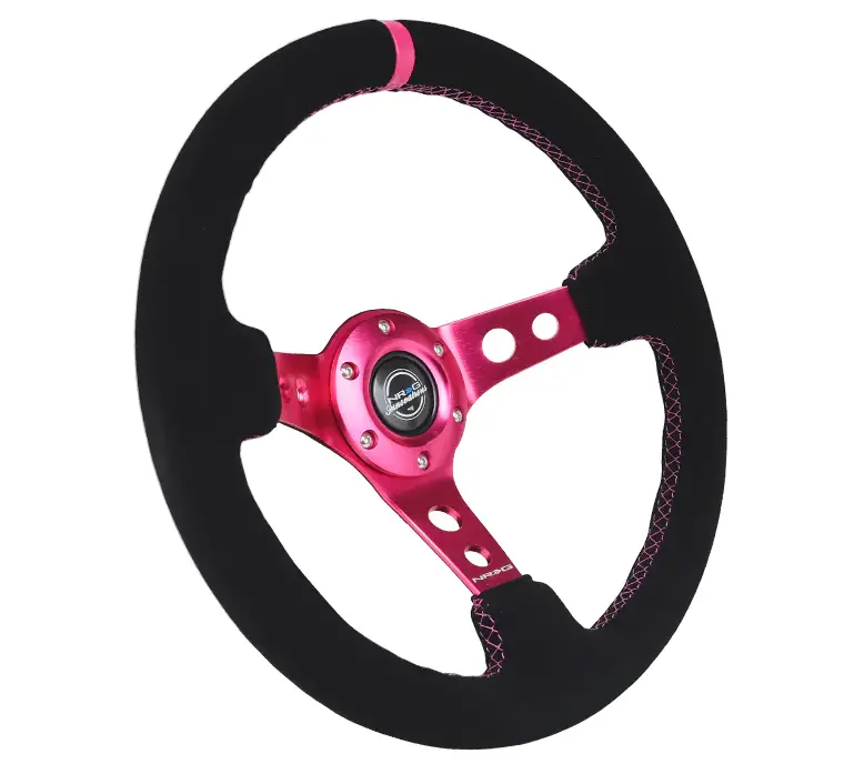 Nrg Reinforced Steering Wheel (350Mm/ 3In. Deep) Black Suede/ Fushia Center Mark/ Fushia Stitching 2