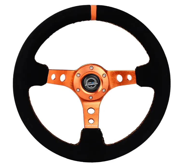 Nrg Reinforced Steering Wheel (350Mm/ 3In. Deep) Black Suede/ Orange Center Mark/ Orange Stitching 1