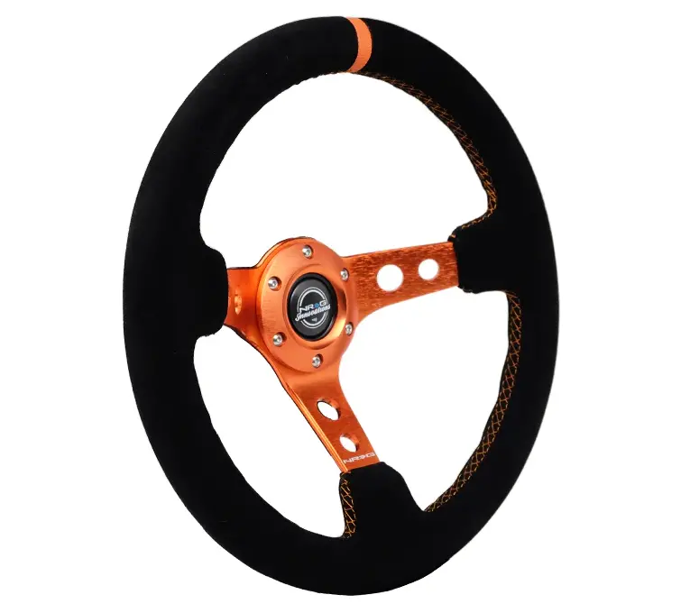 Nrg Reinforced Steering Wheel (350Mm/ 3In. Deep) Black Suede/ Orange Center Mark/ Orange Stitching 2