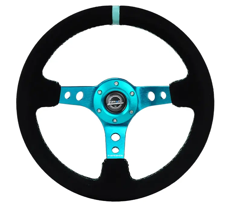 Nrg Reinforced Steering Wheel (350Mm/ 3In. Deep) Black Suede/ Teal Center Mark/ Teal Stitching 1