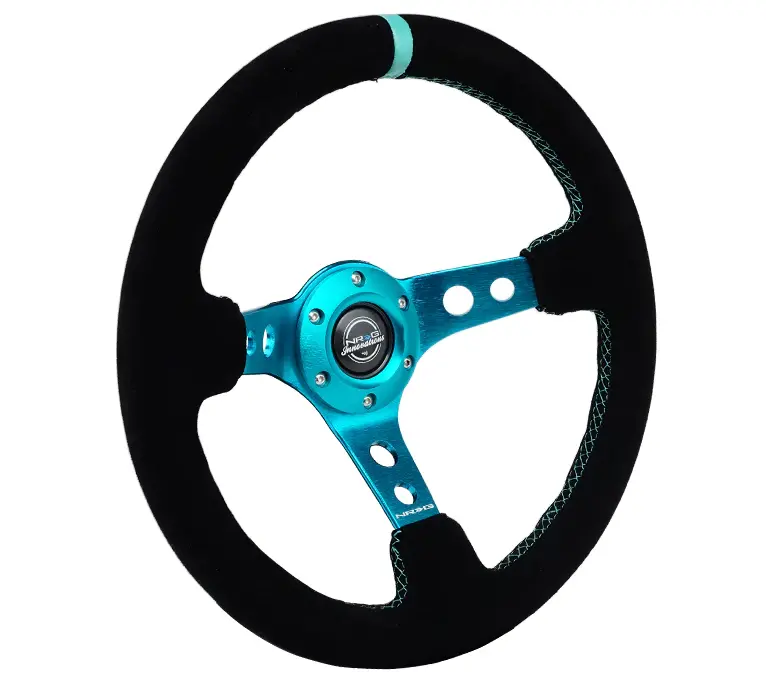 Nrg Reinforced Steering Wheel (350Mm/ 3In. Deep) Black Suede/ Teal Center Mark/ Teal Stitching 2
