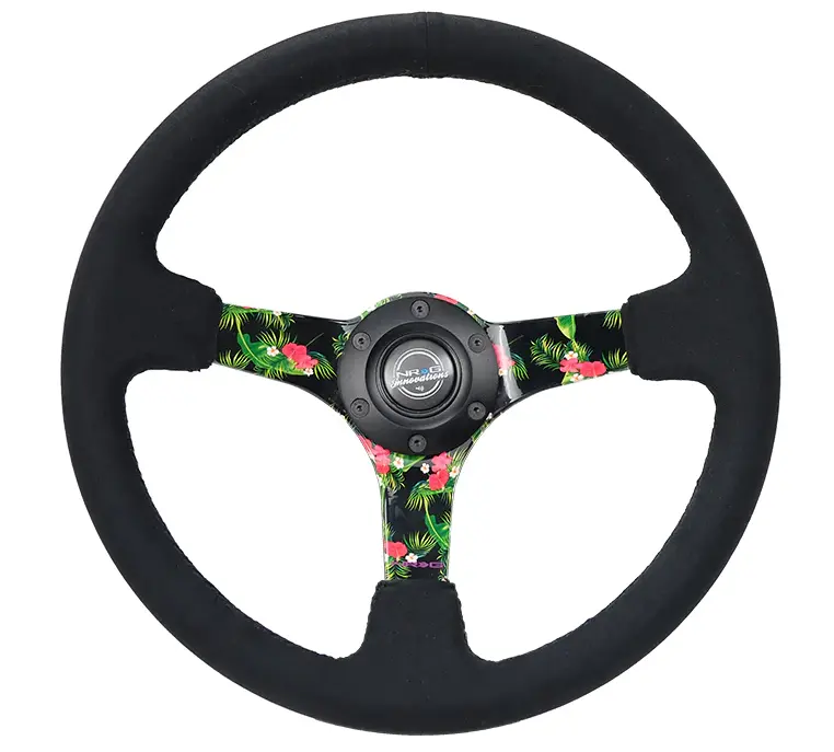 Nrg Reinforced Steering Wheel (350Mm / 3In. Deep) Black Suede W/ 5Mm Floral 3-Spoke Center 1