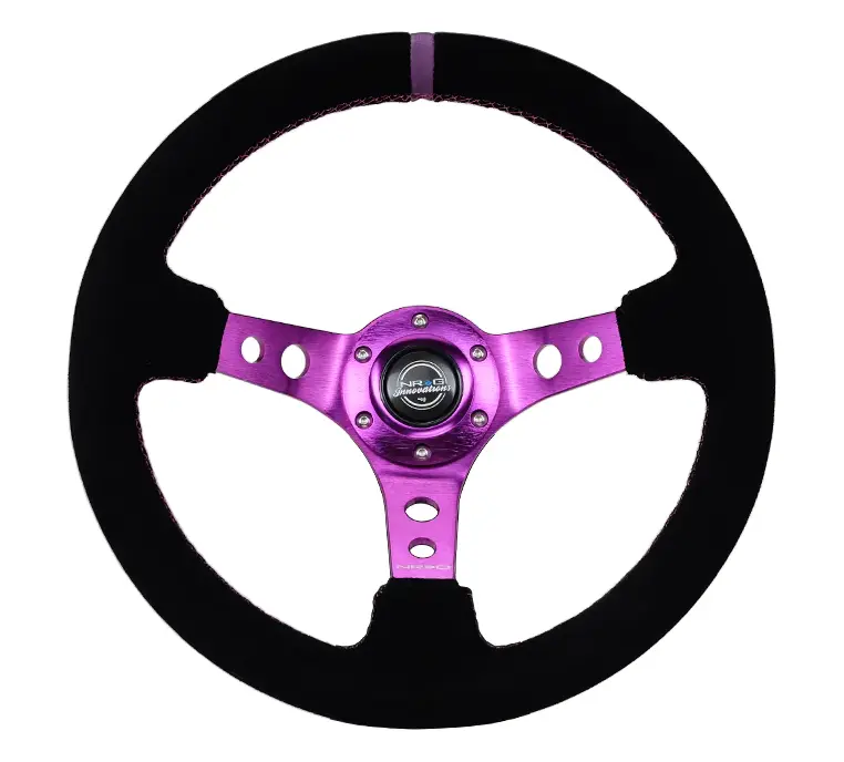 Nrg Reinforced Steering Wheel (350Mm / 3In. Deep) Black Suede W/Purple Center & Purple Stitching 1