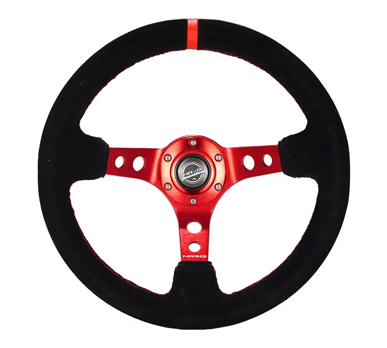 Nrg Reinforced Steering Wheel (350Mm / 3In. Deep) Blk Leather/Red Stitch W/Red Spoke 1