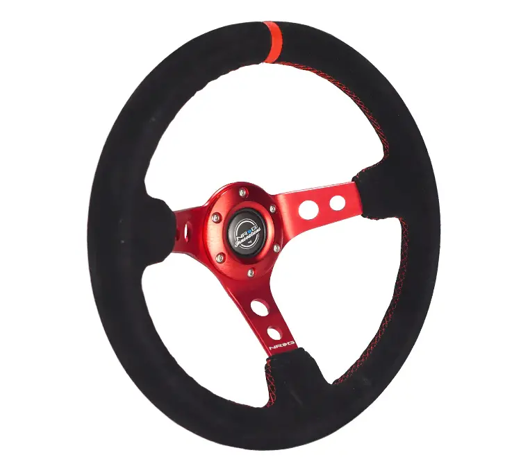 Nrg Reinforced Steering Wheel (350Mm / 3In. Deep) Blk Leather/Red Stitch W/Red Spoke 2