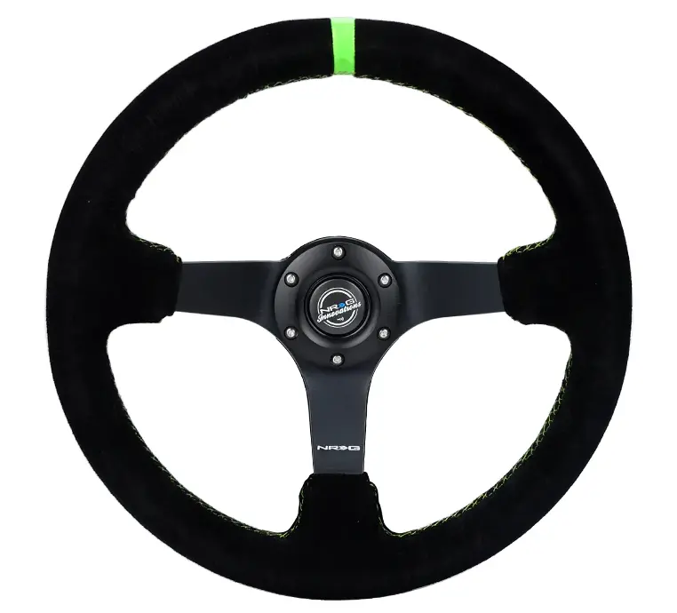 Nrg Reinforced Steering Wheel 350Mm/3In. Deep Blk Suede/ Neon Green Stitch W/5Mm Matte Black Spoke 1