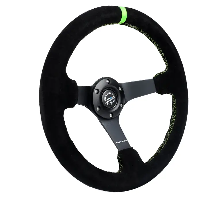 Nrg Reinforced Steering Wheel 350Mm/3In. Deep Blk Suede/ Neon Green Stitch W/5Mm Matte Black Spoke 2