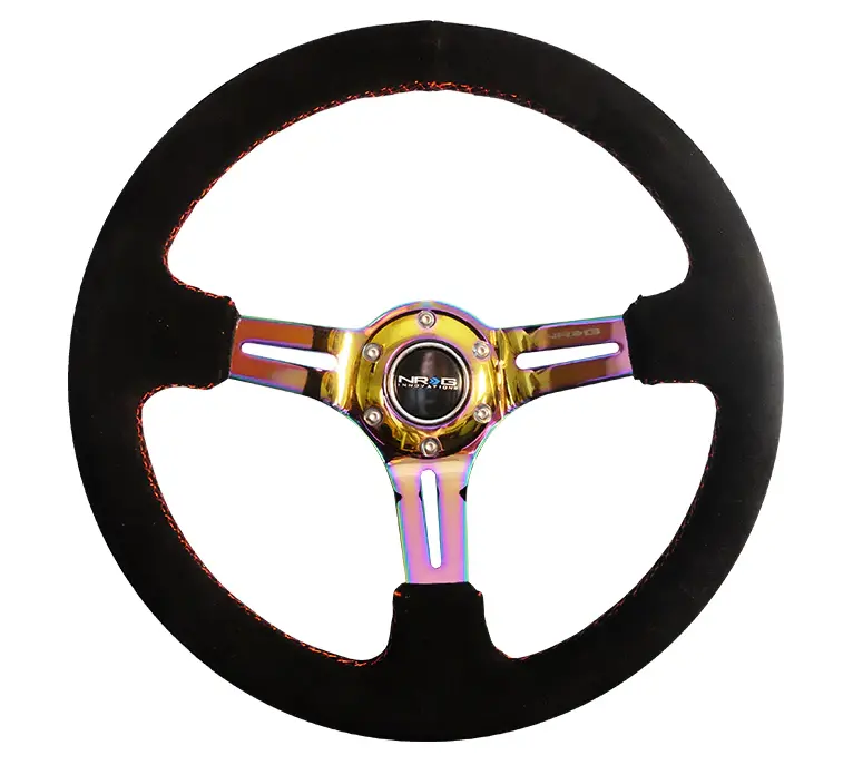Nrg Reinforced Steering Wheel (350Mm / 3In. Deep) Blk Suede/Red Stitch W/Neochrome Slits 1