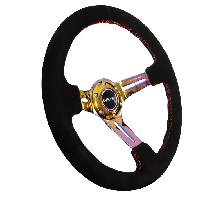 Nrg Reinforced Steering Wheel (350Mm / 3In. Deep) Blk Suede/Red Stitch W/Neochrome Slits 2