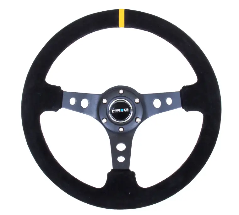 Nrg Reinforced Steering Wheel (350Mm / 3In. Deep) Blk Suede W/Circle Cut Spokes & Single Yellow Center Mark 1
