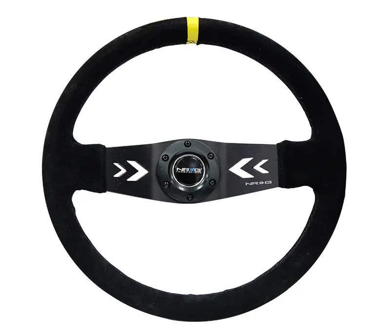Nrg Reinforced Steering Wheel (350Mm / 3In. Deep) Blk Suede W/Nrg Arrow Cut 2-Spoke & Yellow Mark 1