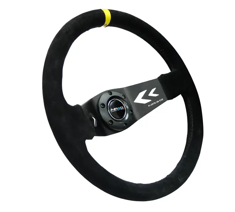 Nrg Reinforced Steering Wheel (350Mm / 3In. Deep) Blk Suede W/Nrg Arrow Cut 2-Spoke & Yellow Mark 2