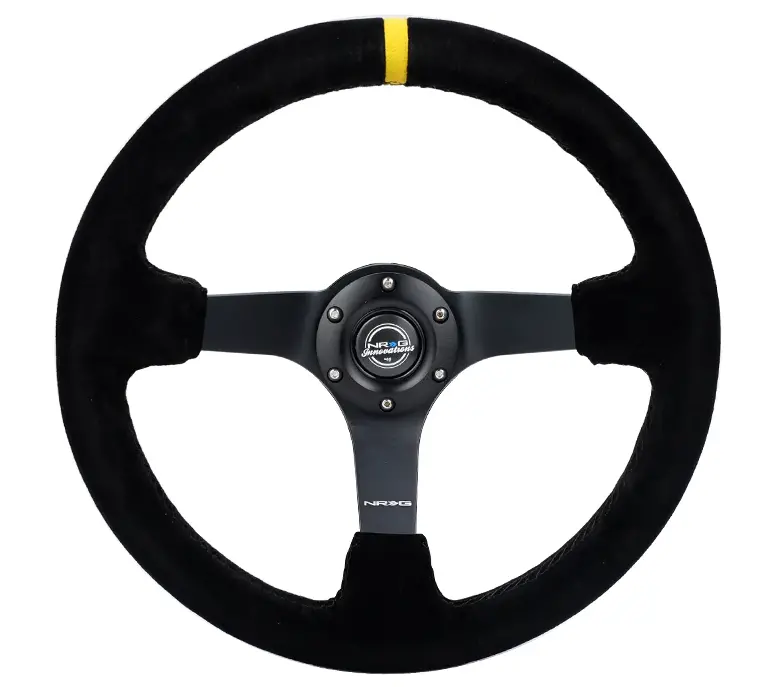Nrg Reinforced Steering Wheel (350Mm / 3In. Deep) Blk Suede/X-Stitch W/5Mm Blk Spoke & Yellow Cm 1