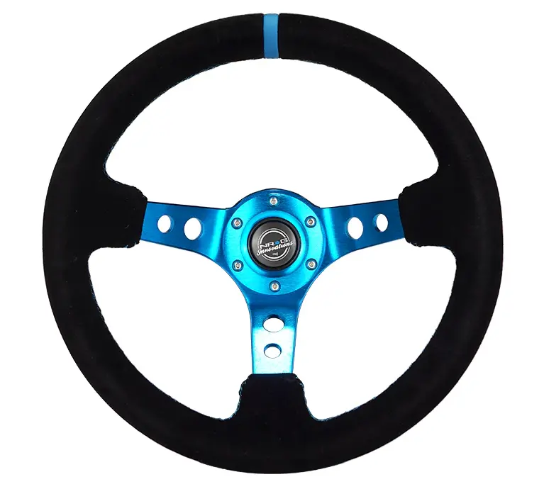 Nrg Reinforced Steering Wheel (350Mm) 3In Deep Blue Spoke W/ Holes - Black Suede Blue Stripe/Stitch 1