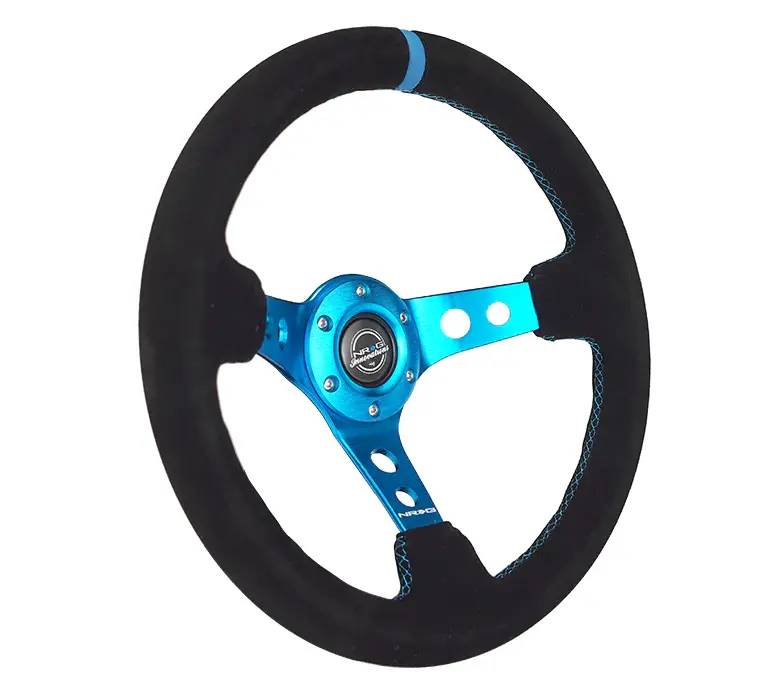 Nrg Reinforced Steering Wheel (350Mm) 3In Deep Blue Spoke W/ Holes - Black Suede Blue Stripe/Stitch 2