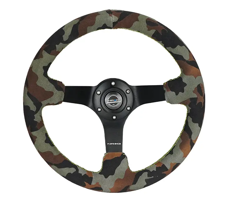 Nrg Reinforced Steering Wheel (350Mm / 3In. Deep) Camo/Green Stitch W/5Mm Matte Black Spokes 1