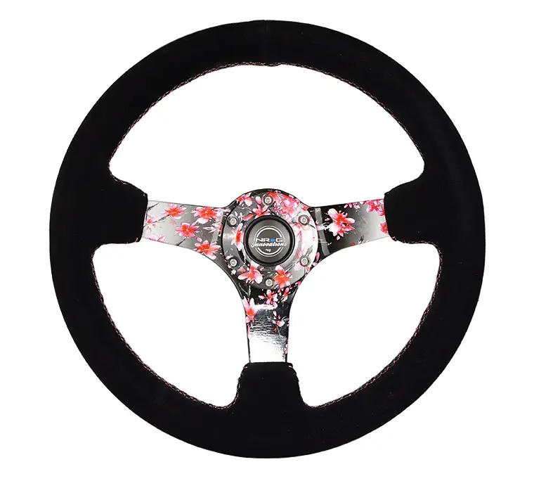 Nrg Reinforced Steering Wheel (350Mm) 3In Deep Pink Sakura Floral Solid Spoke - Black Suede/Stitch 1