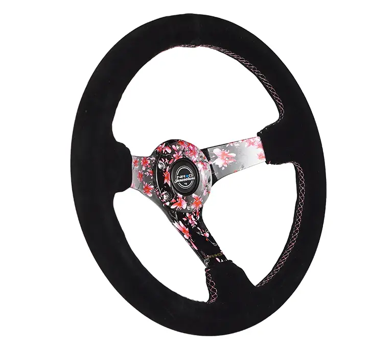 Nrg Reinforced Steering Wheel (350Mm) 3In Deep Pink Sakura Floral Solid Spoke - Black Suede/Stitch 2