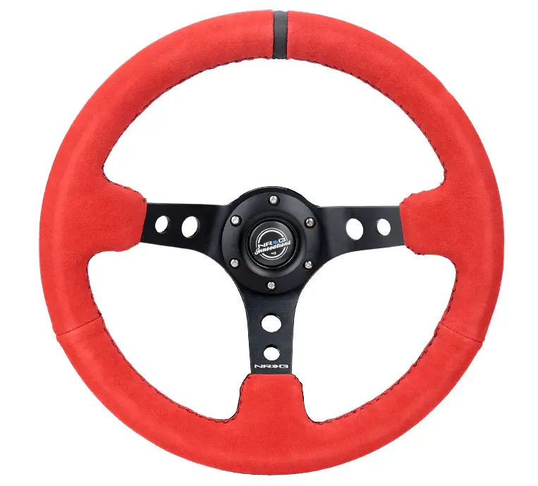 Nrg Reinforced Steering Wheel (350Mm / 3In. Deep) Red Suede W/Black Stitch 1