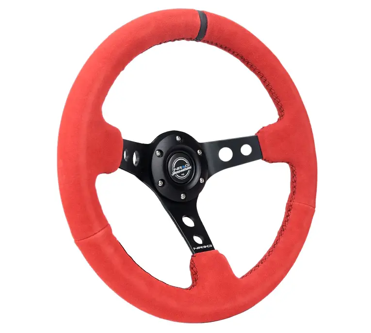 Nrg Reinforced Steering Wheel (350Mm / 3In. Deep) Red Suede W/Black Stitch 2
